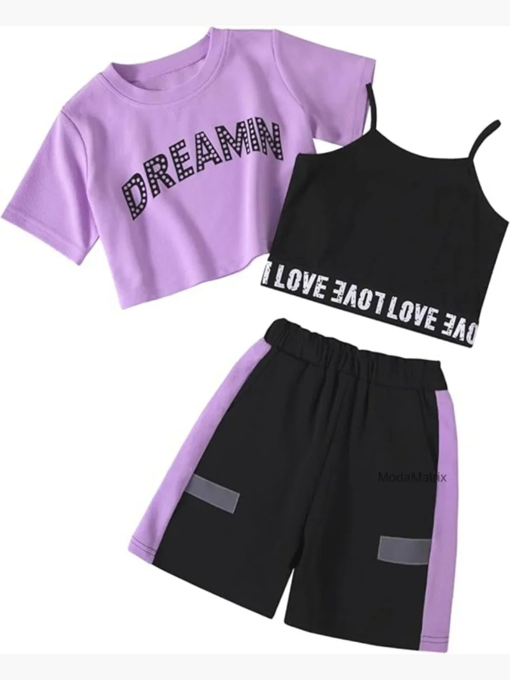 Girls 3 Piece Summer Outfits Crop Tee Cami Top Shorts Set